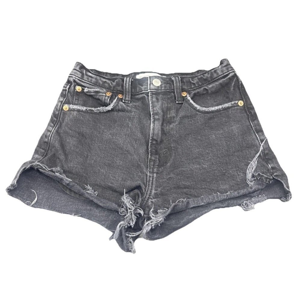 Abercrombie & Fitch Black Mom Short High Rise Distressed Raw Hem Denim Shorts 00